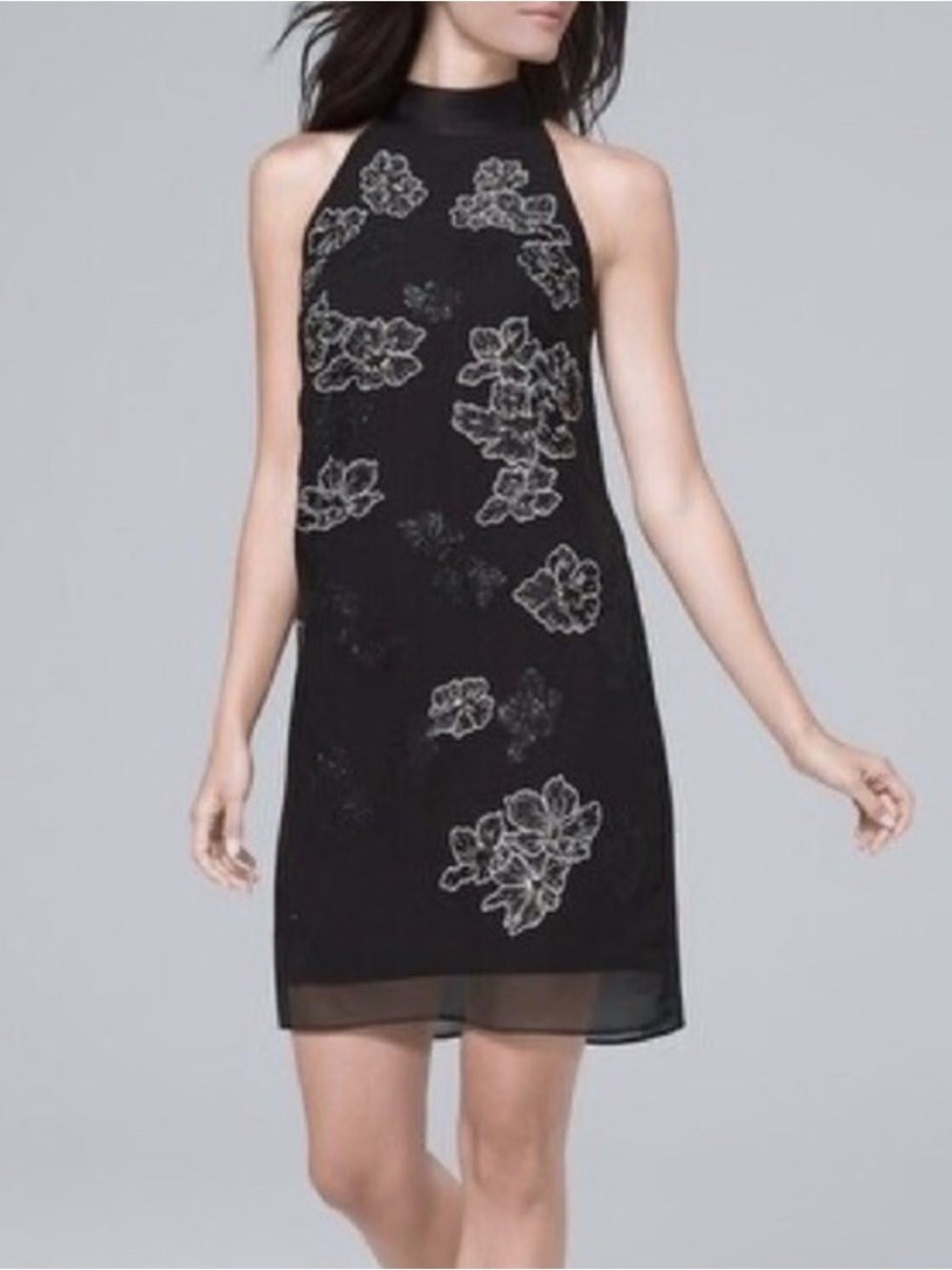 White House Black Market Black Halter Dress with White Floral Embroidery